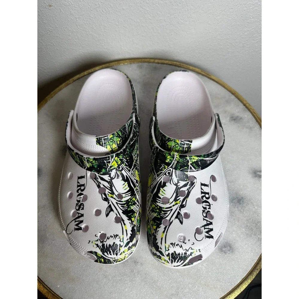 Mens Fishing Bass Graphic Foam Clogs White Green Camo Slip On